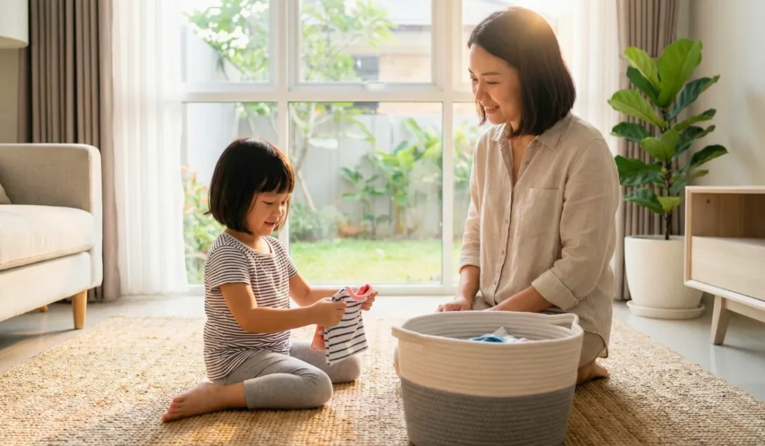 Anak melipat baju dan membantu pekerjaan rumah