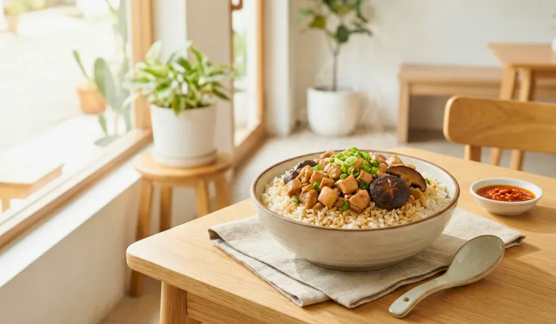 Menu sahur anak Nasi Tim Ayam Jamur_www.appletreebsd.com