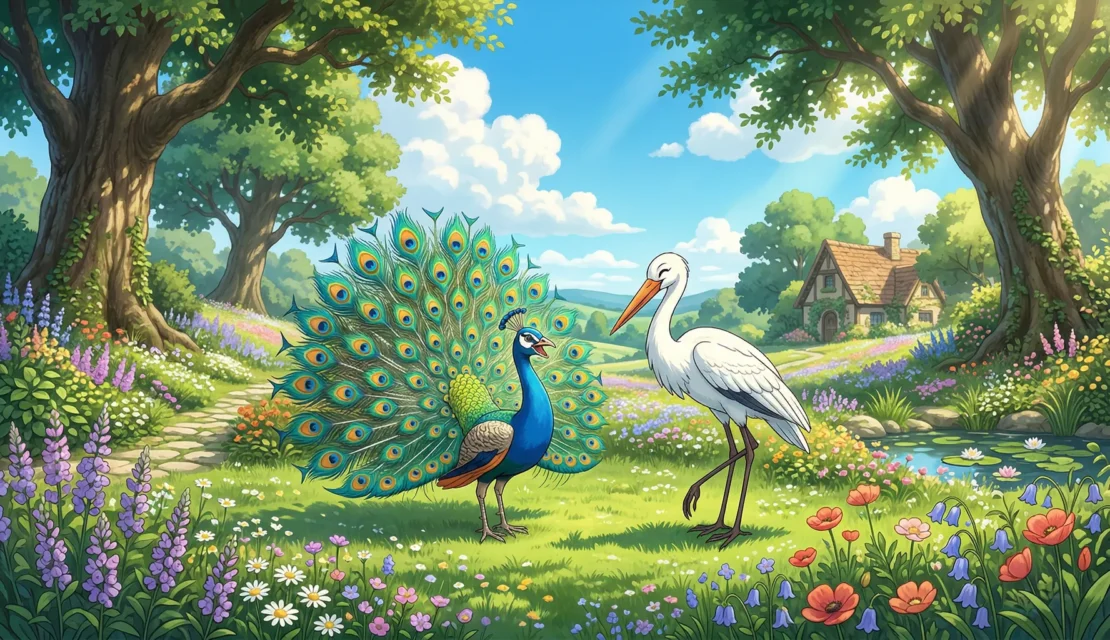 5-cerita-fabel-pendek-burung-merak-dan-bangau-ghibli-style_www.appletreebsd.com
