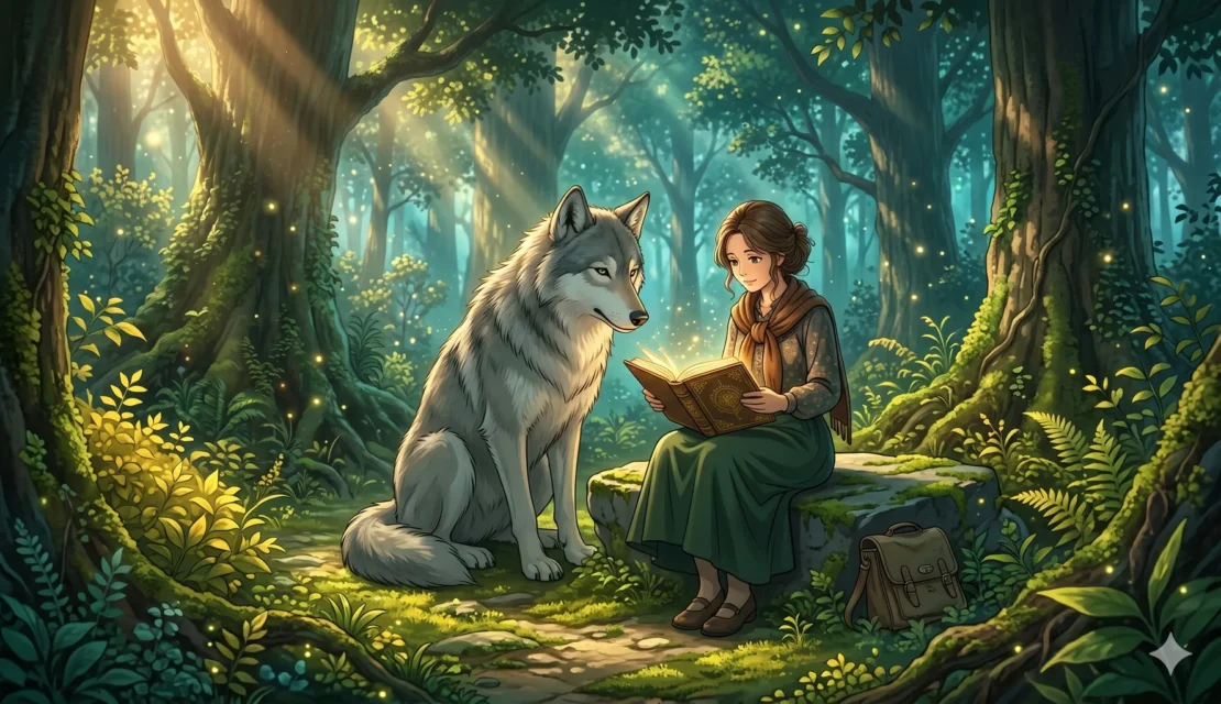 12. intelligent-wolf-and-teacher-reading-book-forest_www.appletreebsd.com