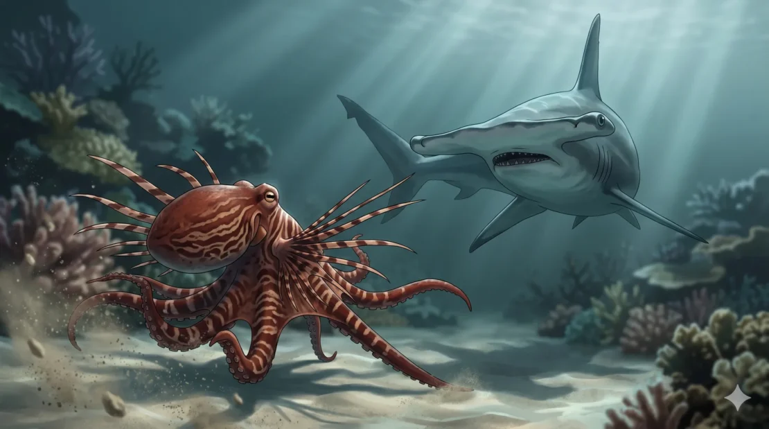 2-gurita-menyamar-mimic-octopus-vs-hiu-martil-cerita-hewan-laut_www.appletreebsd.com