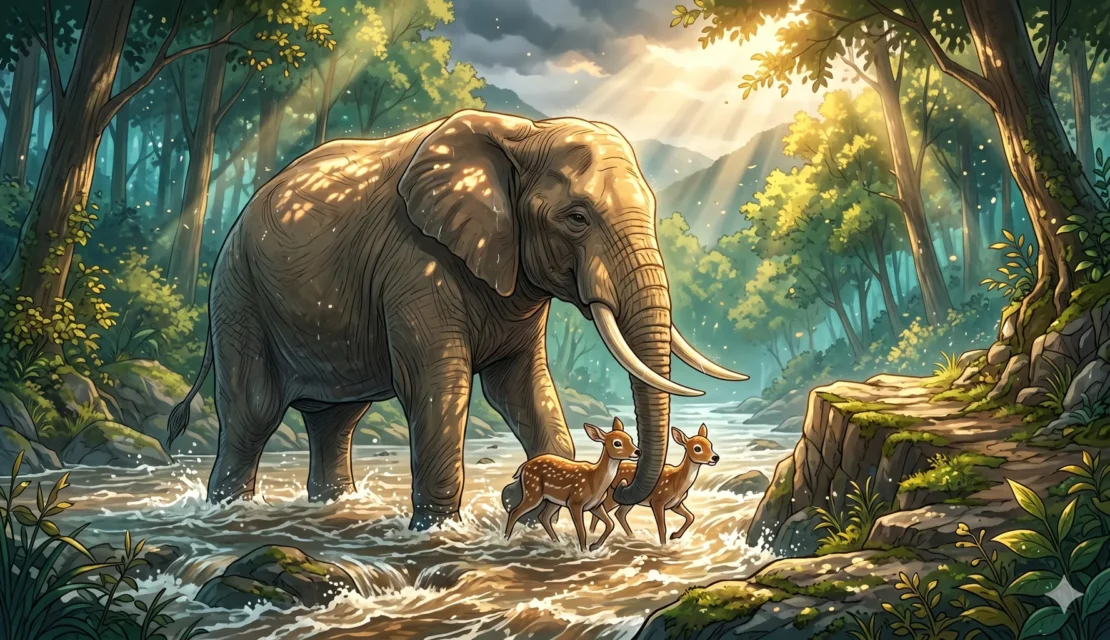 3. quiet-elephant-guiding-deer-flood-fable_www.appletreebsd.com