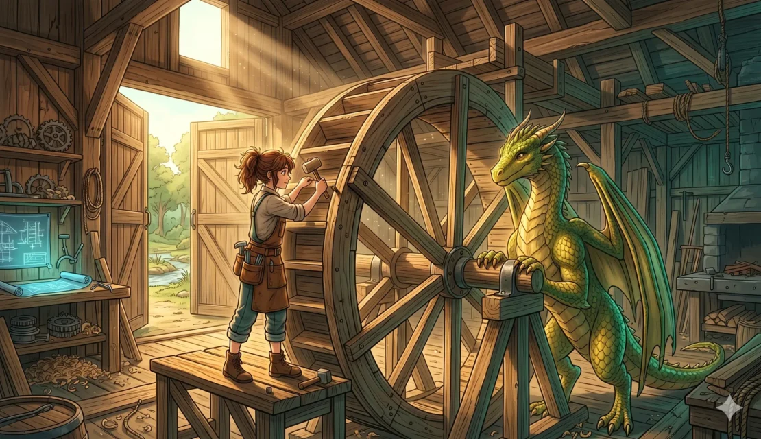 9. girl-inventor-and-dragon-building-waterwheel_www.appletreebsd.com