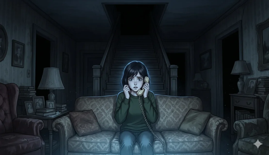 3-babysitter-holding-phone-dark-stairs_www.appletreebsd.com