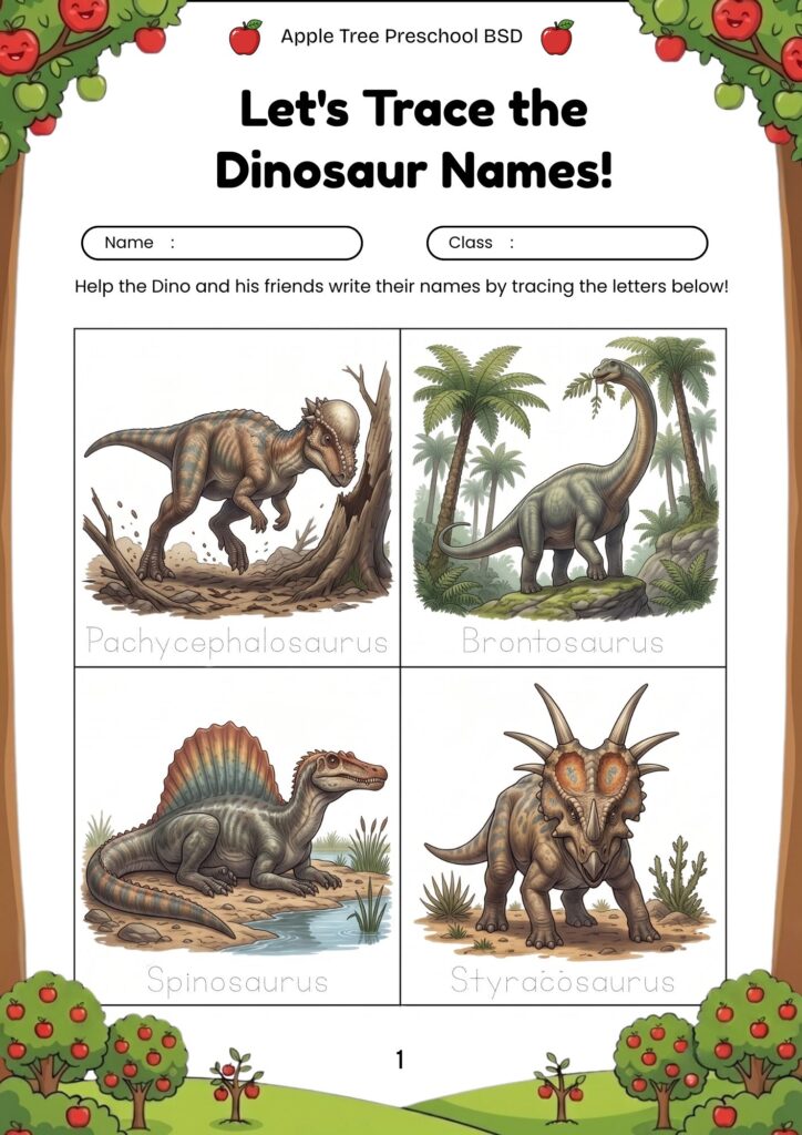 01-worksheet-anak-tk-paud-mengenal-nama-dinosaurus-triceratops-brachiosaurus