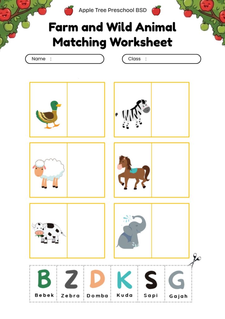 11 worksheet-mencocokkan-hewan-dengan-nama-anak-tk