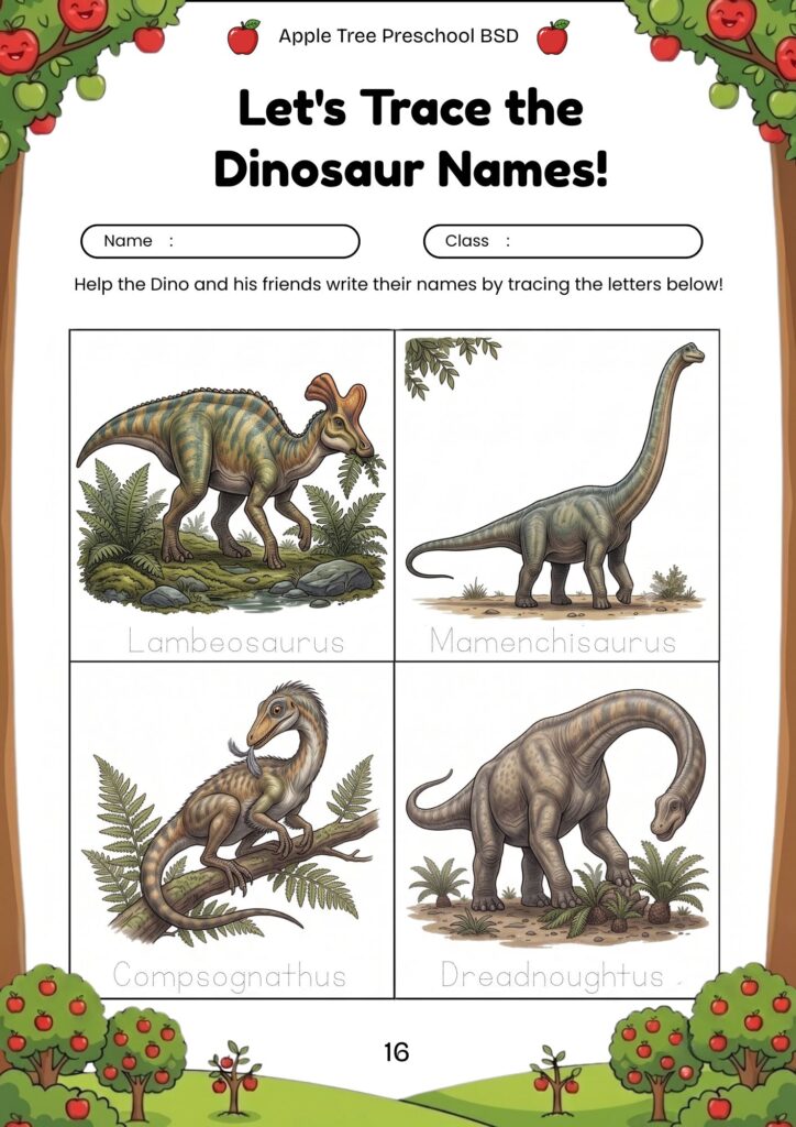 16-worksheet-anak-tk-paud-mengenal-nama-dinosaurus-parasaurolophus-brachiosaurus