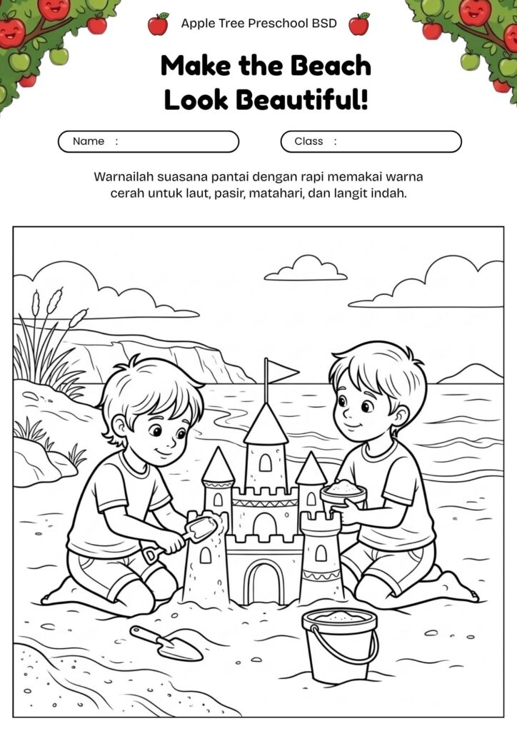 01_gambar_mewarnai_anak_istana_pasir_di_pantai_worksheet_mewarnai