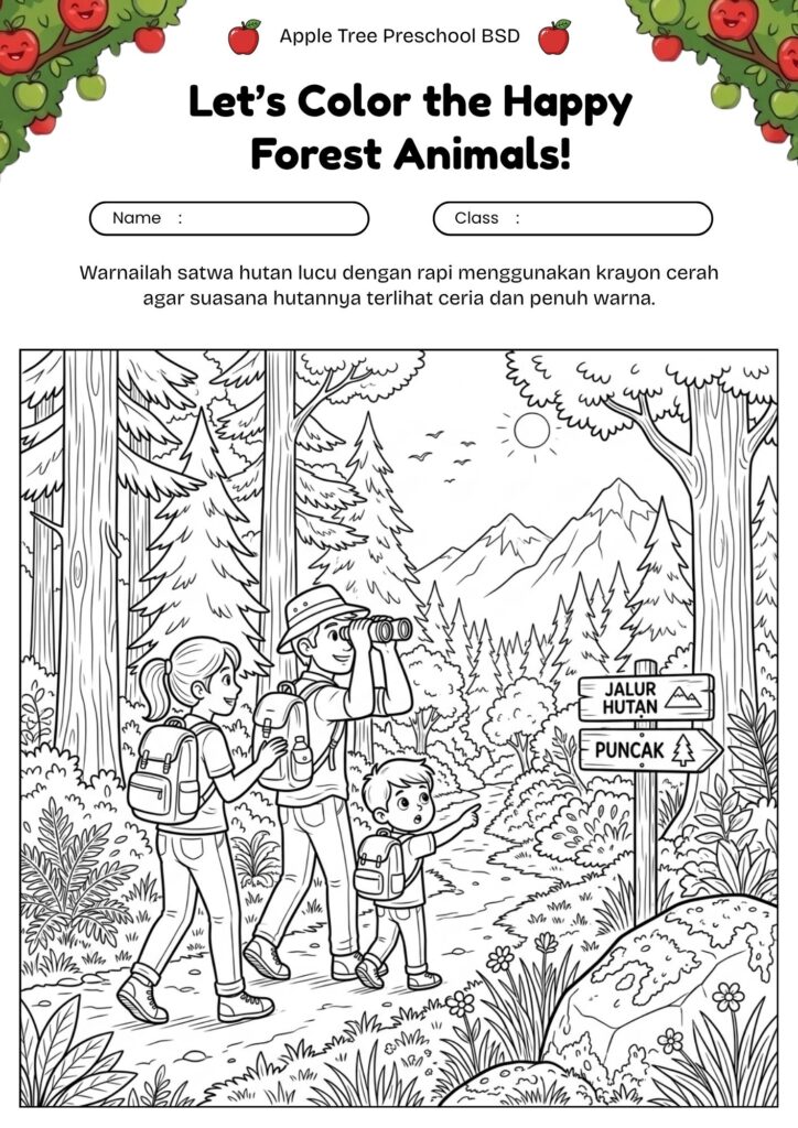 02_gambar_mewarnai_keluarga_menjelajah_hutan_dengan_jalur_alam