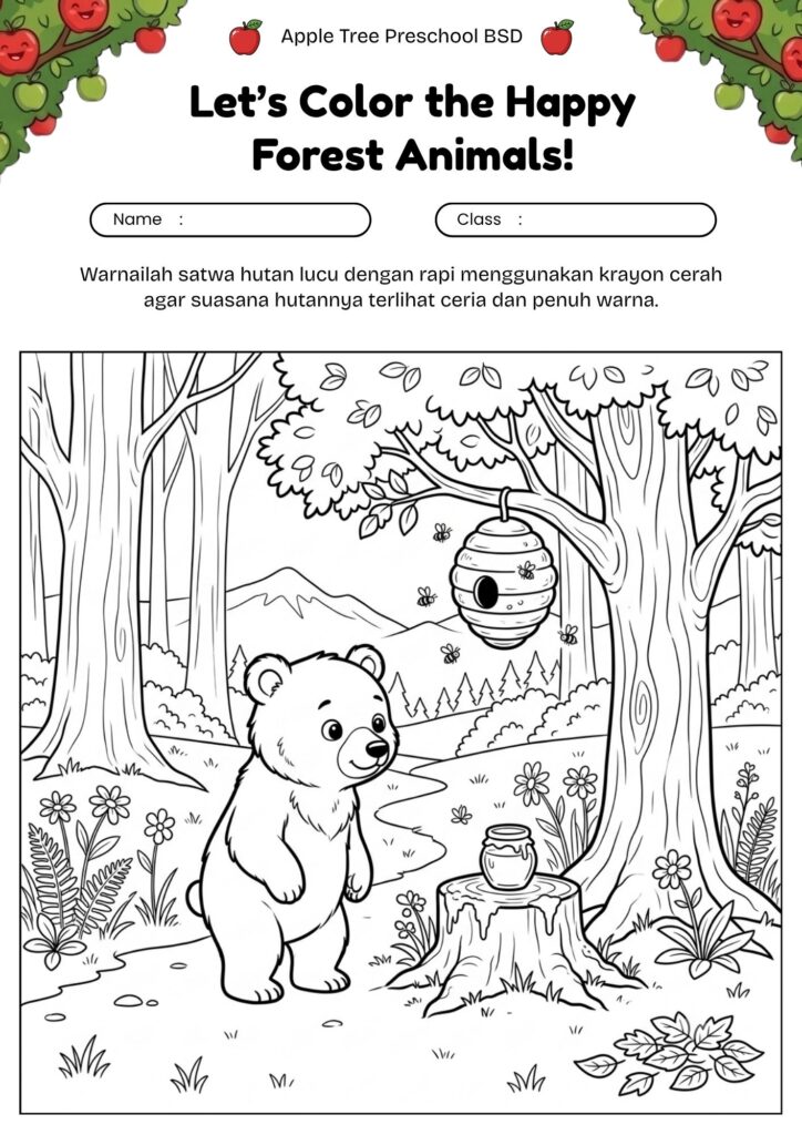 03_gambar_mewarnai_beruang_kecil_mencari_madu_di_hutan