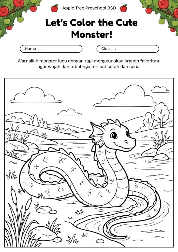 03_gambar_mewarnai_monster_panjang_di_tepi_danau_lucu