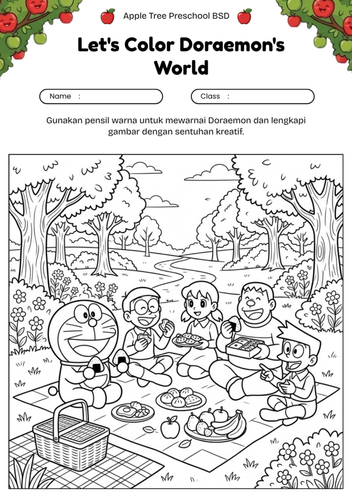 05_gambar_mewarnai_doraemon_piknik_bersama_teman_doraemon_friends_picnic_coloring_page