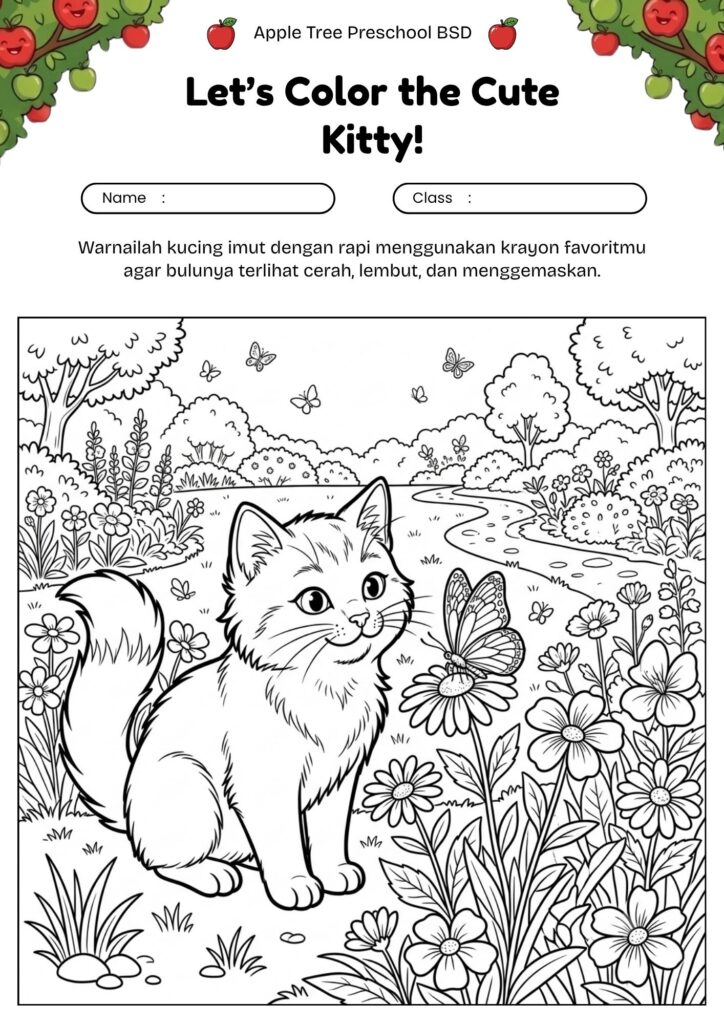 06_gambar_mewarnai_kucing_bermain_di_taman_bunga