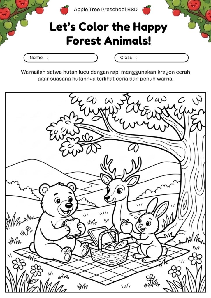 10_gambar_mewarnai_hewan_hutan_piknik_bersama_di_bawah_pohon