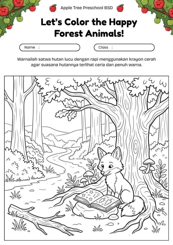 11_gambar_mewarnai_rubah_kecil_membaca_buku_di_hutan