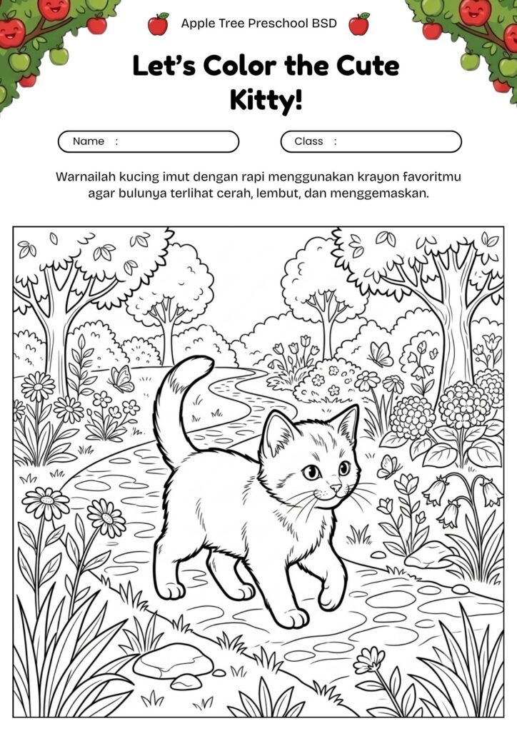 12_gambar_mewarnai_kucing_kecil_berjalan_di_taman
