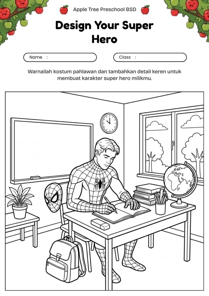 13-gambar-mewarnai-super-hero-spider-man-belajar-di-kelas