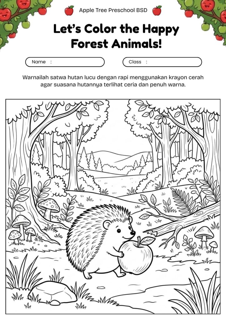 17_gambar_mewarnai_landak_kecil_membawa_apel_di_hutan
