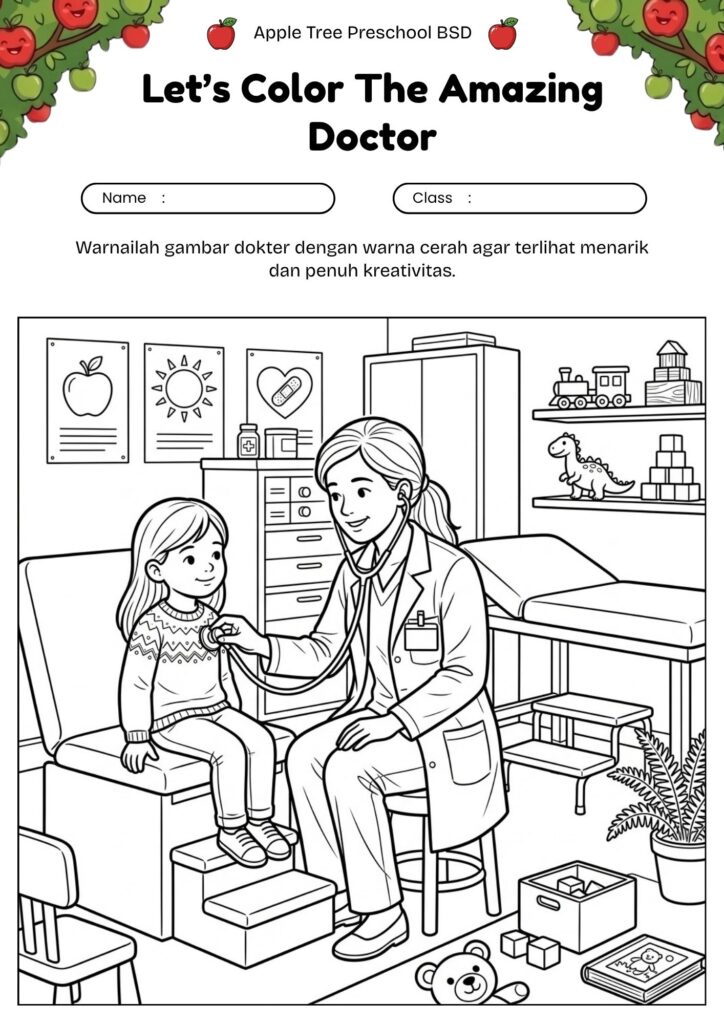 01_gambar_mewarnai_dokter_memeriksa_anak_doctor_checking_child_coloring_page