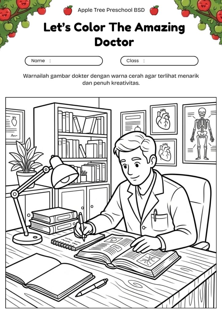 14_gambar_mewarnai_dokter_membaca_buku_kesehatan_doctor_studying_health_book_coloring_page