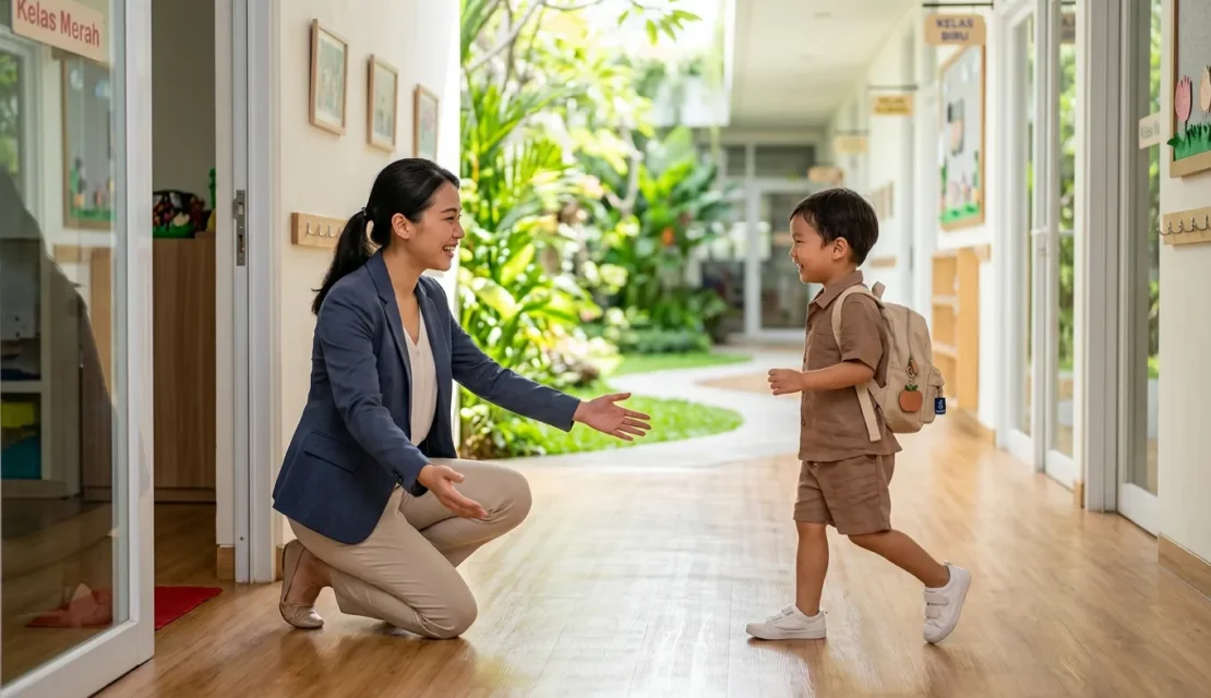 2. anak siap berangkat sekolah preschool morning greeting teacher student interaction apple tree bsd_www.appletreebsd.com